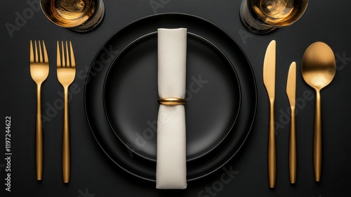 A black and white table setting with a gold napkin and silverware