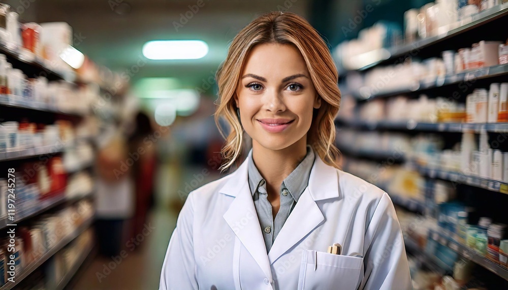 Pharmacy employee smiling while assisting customers in a busy pharmacy setting Pharmacy employee smiling while assisting customers in a busy pharmacy setting