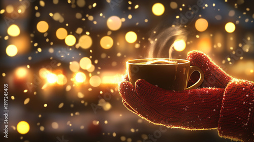 Close-up of a glove holding a cup of hot coffee isometric view with golden bokeh from chrismas lights decorations background and snowflakes falling. photo