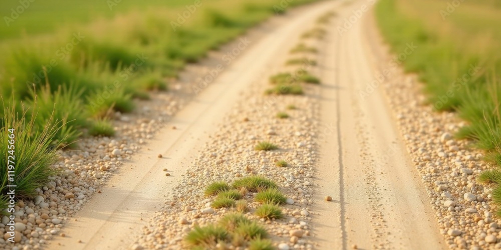 A sunlit gravel path meanders through a field of vibrant green grass, showcasing nature's gentle contrast of textures and colors. A sunlit gravel path meanders through a field of vibrant green grass, showcasing nature's gentle contrast of textures and colors.