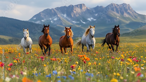 Five horses running in a vibrant wildflower meadow, majestic mountains in the background. photo