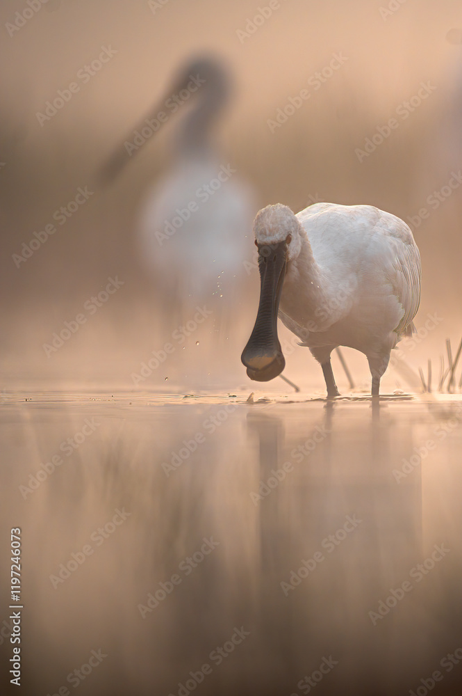 A beautiful white spoonbill, focused in the foreground, probes the water's surface at dawn.
