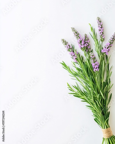 Elegant Lavender Sprigs on White Background Simple Floral Arrangement Fresh Herbs Bouquet