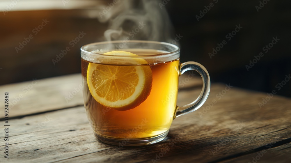 Steaming lemon tea in glass mug, wooden table, rustic background Steaming lemon tea in glass mug, wooden table, rustic background