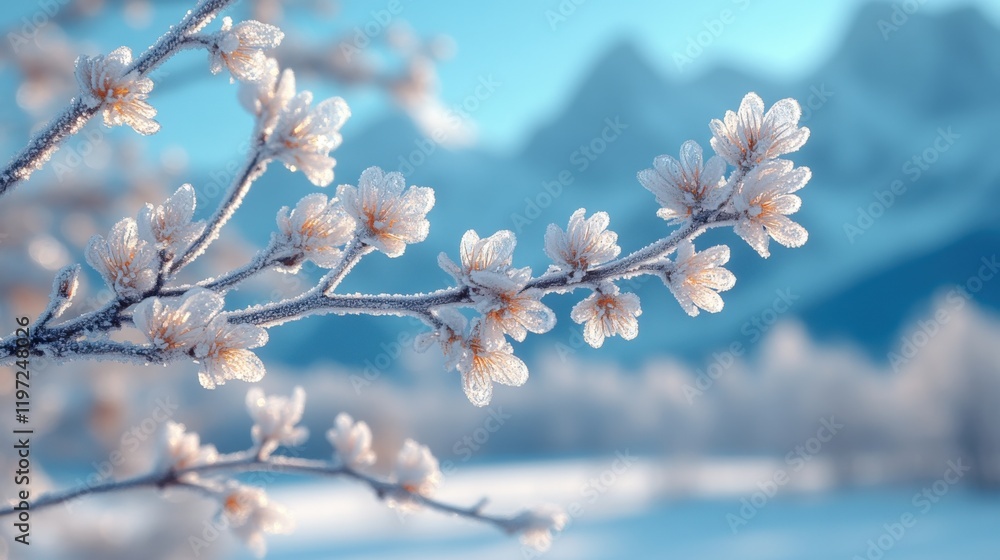 Frost covered blossoms on a branch with mountains in the background during a serene winter morning. Generative AI Frost covered blossoms on a branch with mountains in the background during a serene winter morning. Generative AI