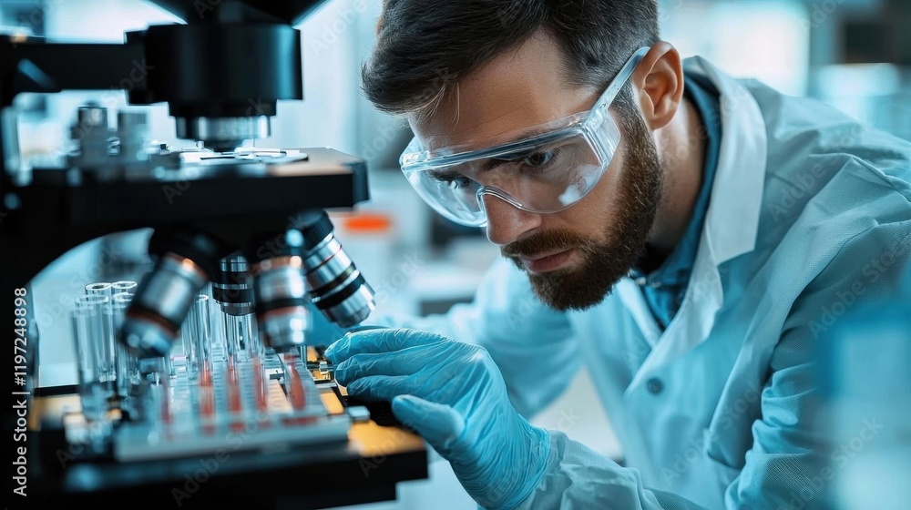 A focused scientist in a laboratory setting. The individual appears to be European descent, analyzing samples under a microscope. A focused scientist in a laboratory setting. The individual appears to be European descent, analyzing samples under a microscope.