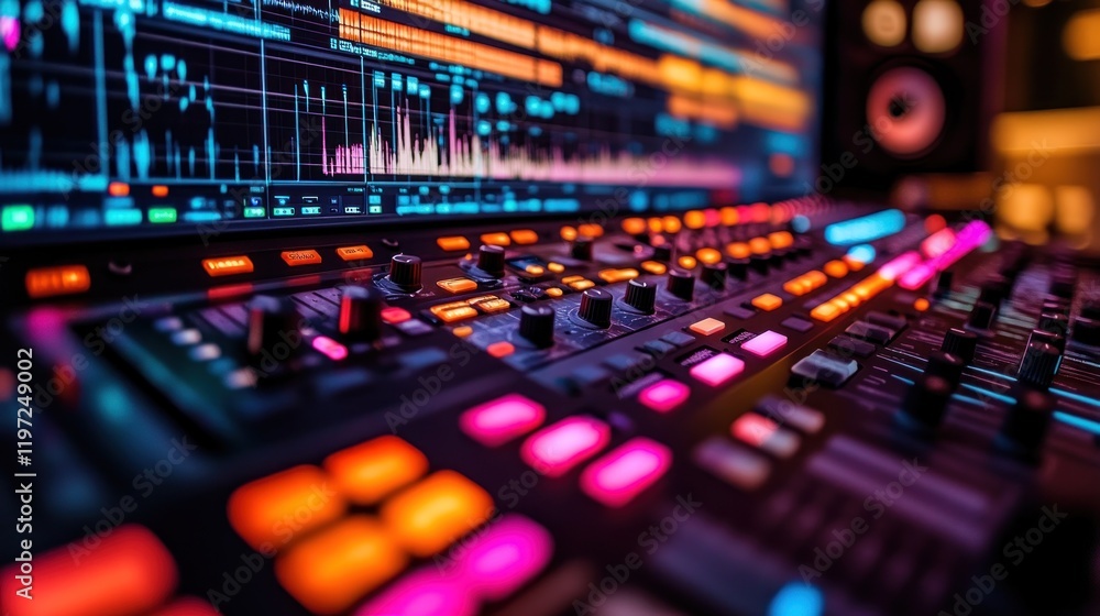 Vibrant Music Studio Control Panel: A Close-Up of Colorful Buttons and Knobs Vibrant Music Studio Control Panel: A Close-Up of Colorful Buttons and Knobs