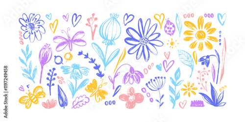 Colorful Grunge Ink Floral Banner with Cute Hand Drawn Herbs and Insects. Botanical design elements isolated on white background