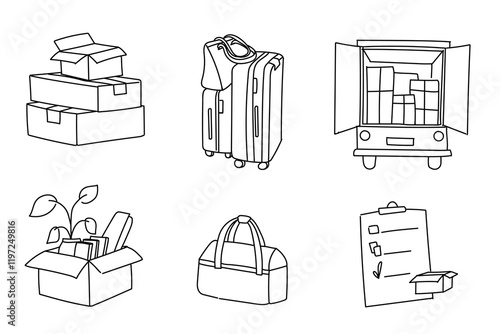 set of icons cardboard boxes in new house hand drawn doodle drawing elements vector illustrations, for website, Stuff packed in carton packages for relocation and moving