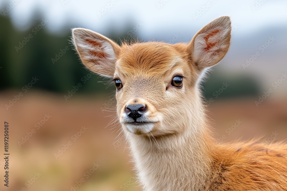 Fawn with soft fur gazes curiously at the surroundings in a natural habitat during the day Fawn with soft fur gazes curiously at the surroundings in a natural habitat during the day
