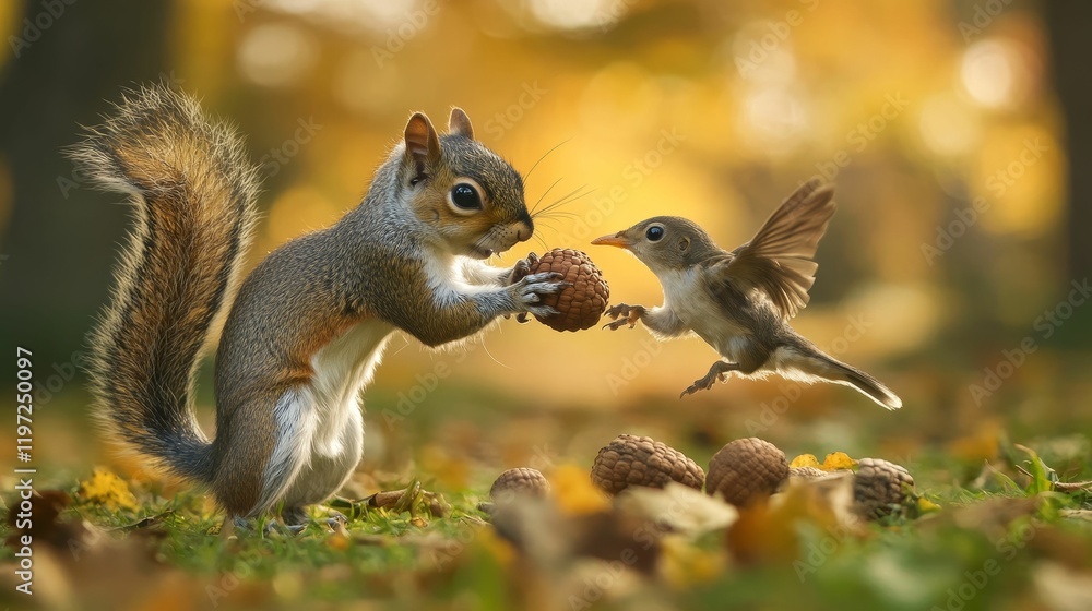 Naklejka premium Squirrel and bird interact with a nut on ground.