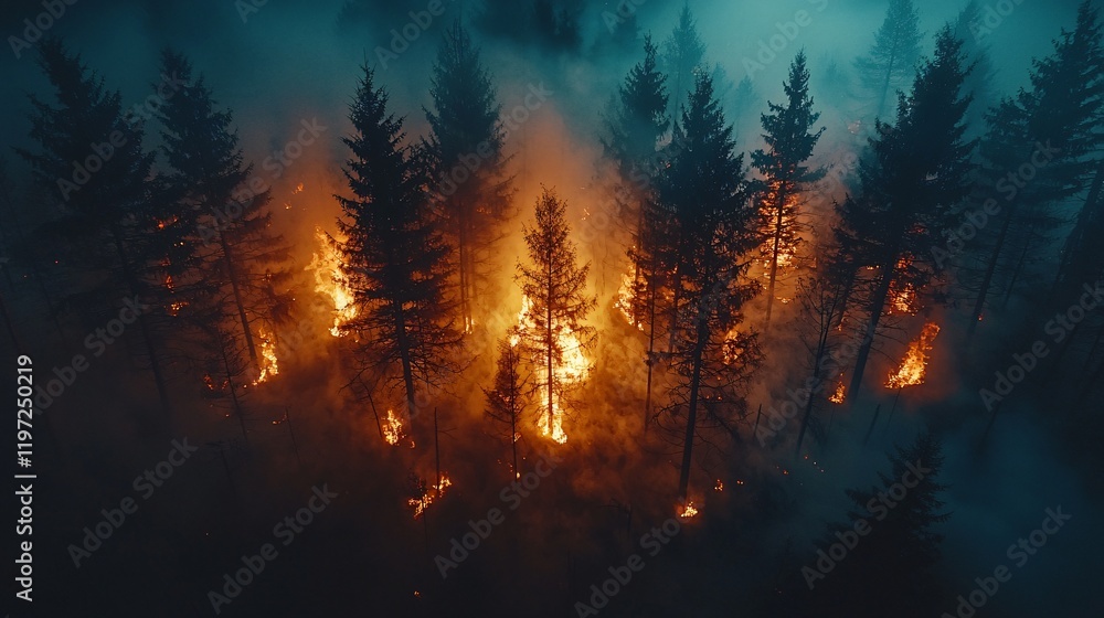 Aerial view of wildfire at night engulfing pine trees in smoke and fire. Aerial view of wildfire at night engulfing pine trees in smoke and fire.