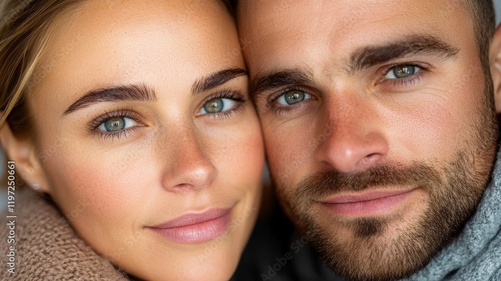 Close-up Portrait of a Joyful Couple with Bright Eyes and Smiles Close-up Portrait of a Joyful Couple with Bright Eyes and Smiles