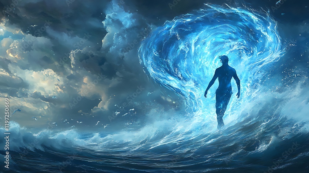A figure walking with the outline of their body made of flowing water and waves crashing within A figure walking with the outline of their body made of flowing water and waves crashing within
