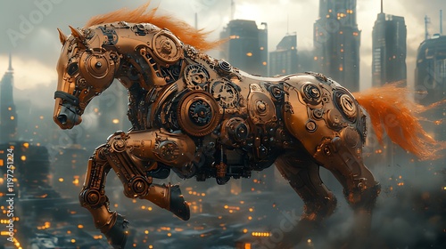 Mechanical horse galloping over futuristic city. photo