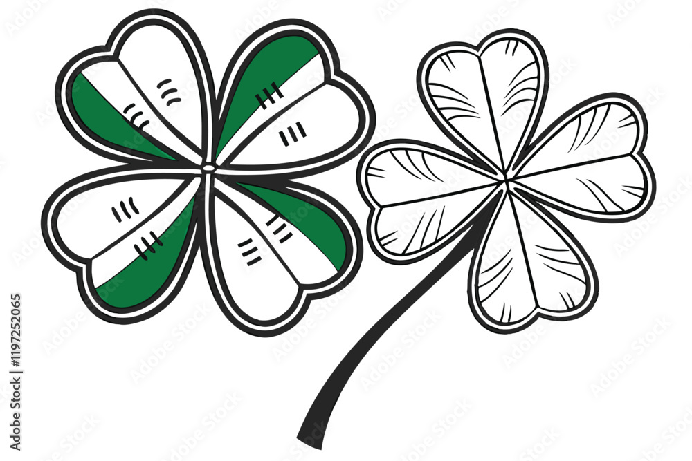 Four-leaf clover, Celtic symbol, St. Patrick's Day icon, green shamrock, white outline, black silhouette, tricolor design, Irish emblem, luck charm, minimalist illustration, motif, Four-leaf clover, Celtic symbol, St. Patrick's Day icon, green shamrock, white outline, black silhouette, tricolor design, Irish emblem, luck charm, minimalist illustration, motif,