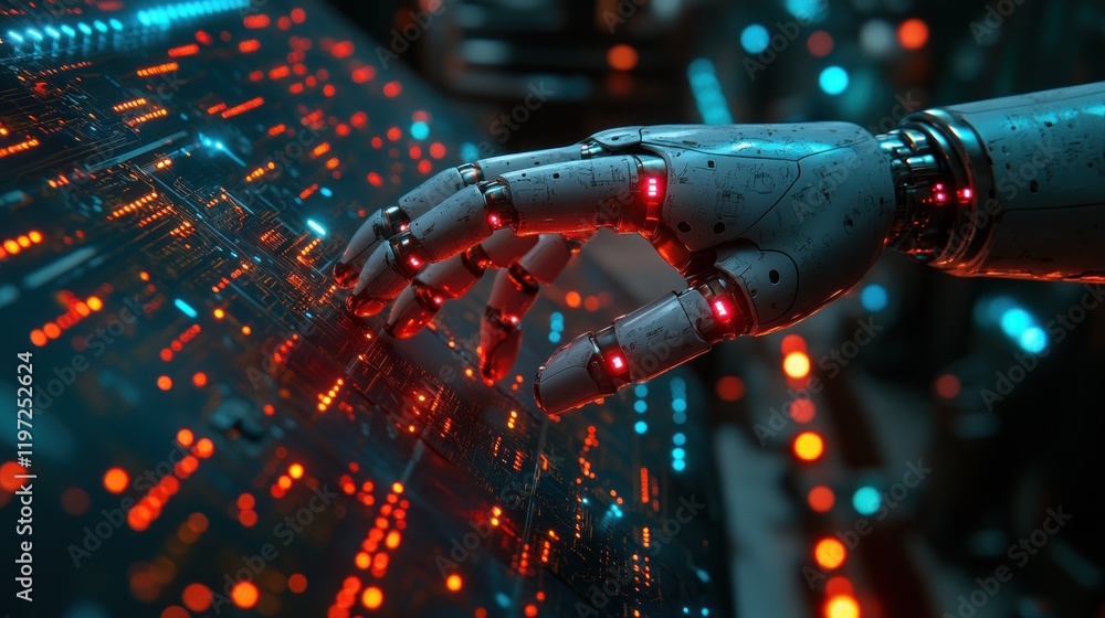 A robotic hand interacts with a glowing circuit board, showcasing advanced technology. A robotic hand interacts with a glowing circuit board, showcasing advanced technology.