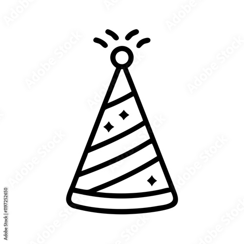 Party hat icon in minimalist black style for birthday celebrations and festive occasions