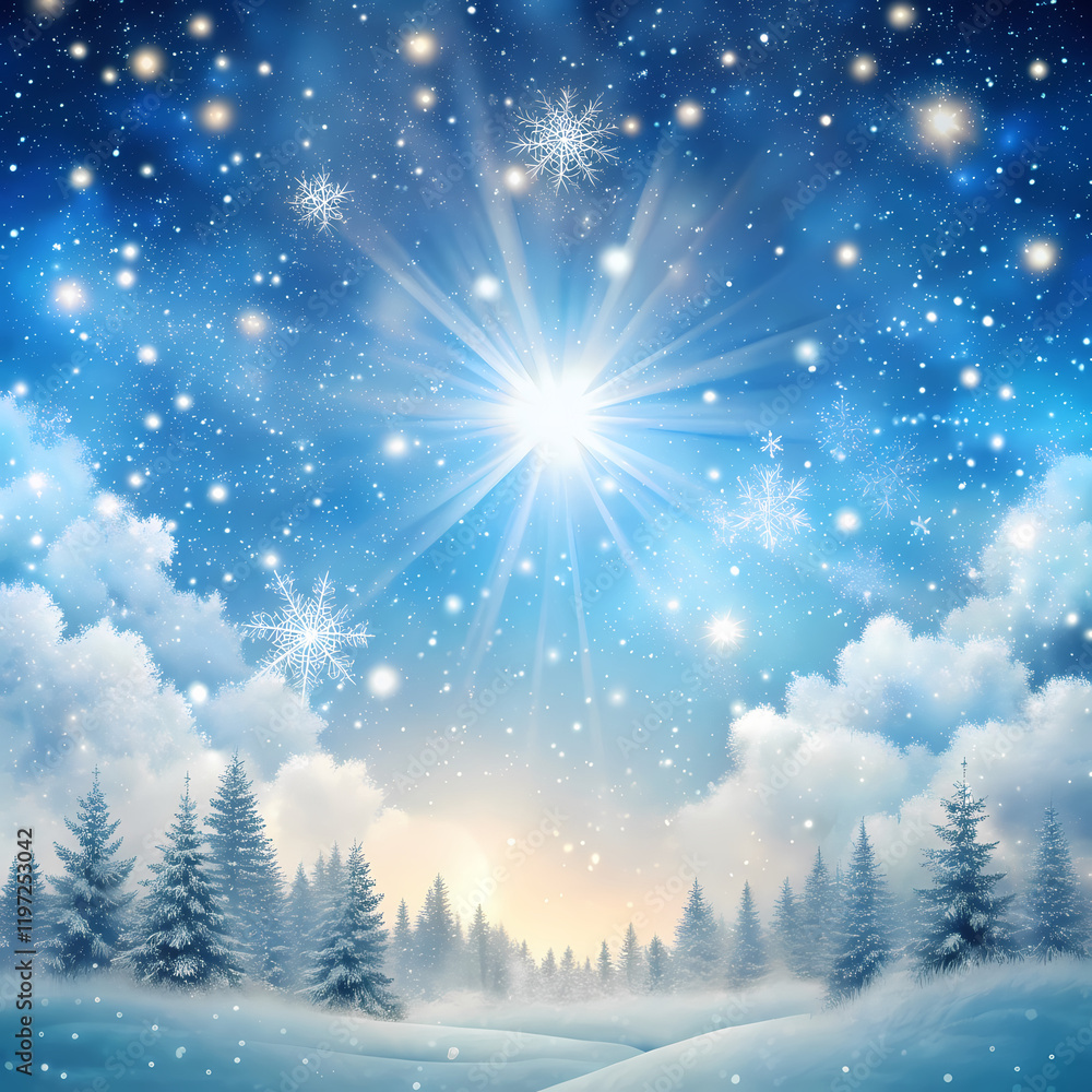 Naklejka premium Magical Winter Wonderland Snowy Forest Scene Bright Sun Rays blue cold calm trees white light shine