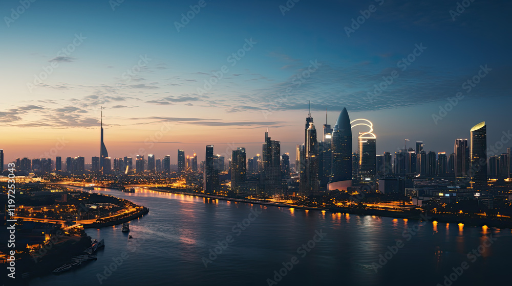 Fototapeta premium City Skyline at Dawn with River Reflections