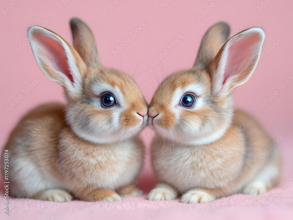 Fototapeta premium Two bunnies kissing on pink background.