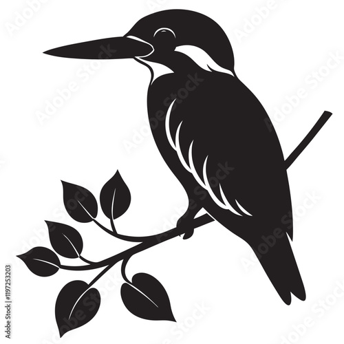 Black silhouette illustration of a kingfisher bird animal itting on tree  