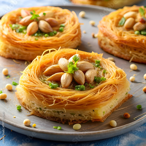 Delicious Almond and Pistachio Birds Nest Dessert photo