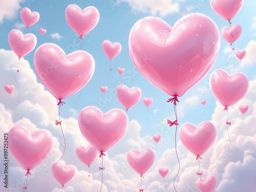 Heart-shaped balloons floating in a dreamy sky with fluffy clouds.