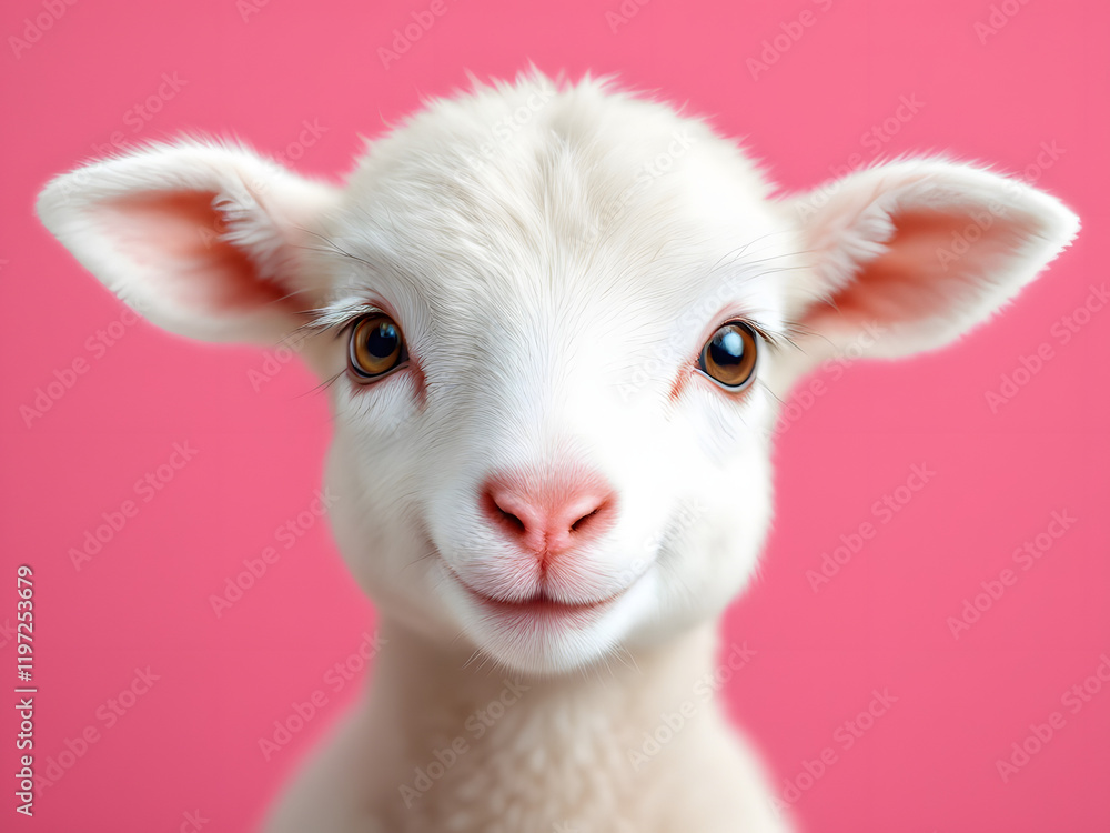 Baby lamb on pink background, close-up. Baby lamb on pink background, close-up.