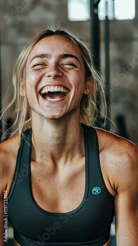 Young woman enjoys a joyful moment in a fitness studio while engaging in a workout session with friends