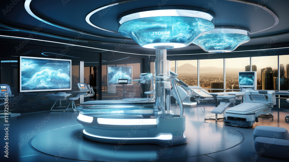 Futuristic Operating Room with Advanced Medical Technology and City View Futuristic Operating Room with Advanced Medical Technology and City View