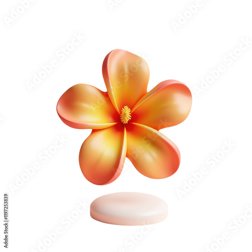 vibrant -yellow flower with smooth petals floats above a white platform against a soft backdrop