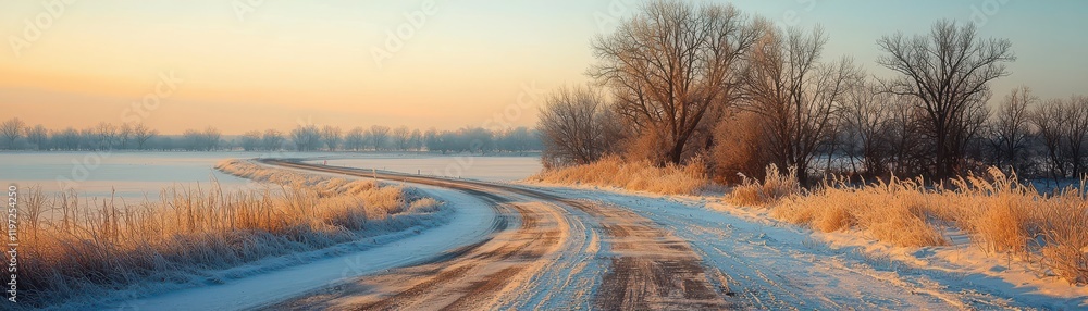 Gardinen   - Winter road journey along serene landscape in rural area scenic view tranquil sunset light #1197254250