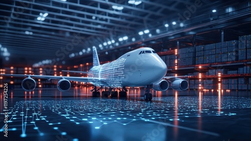 aviationbusiness  logistics globalnetwork concept. A futuristic airplane in a high-tech hangar, illuminated by vibrant lights, showcasing advanced design and digital elements. photo