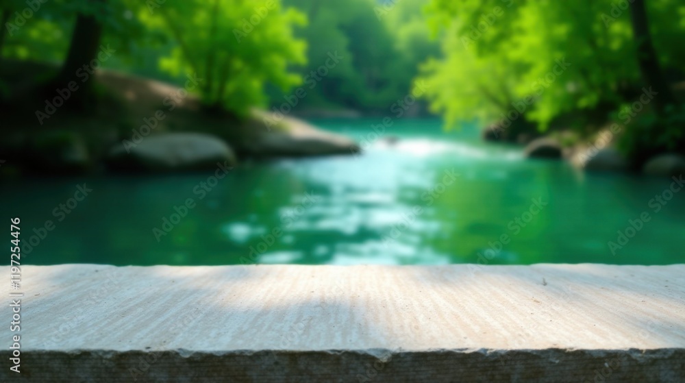 Fototapeta premium Serene Lakeside Vista A Tranquil Stone Surface Overlooking a Picturesque Emerald Green Waterway, Framed by Lush Foliage
