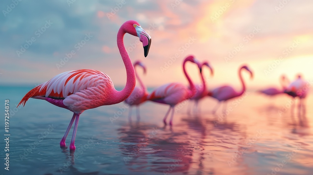 Fototapeta premium Flamingos in a serene wetland ecosystem nature photography wildlife at dusk