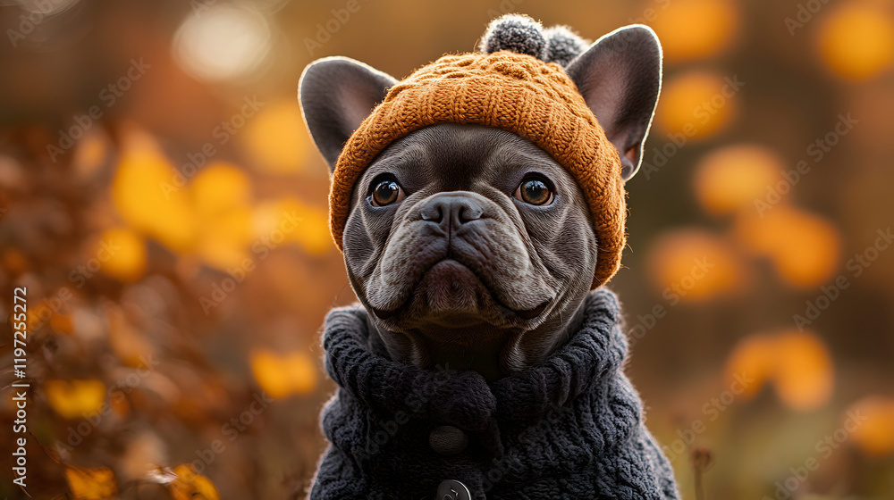 Obraz premium A dog wearing a hat and scarf is looking at the camera. The hat is orange and the scarf is knitted
