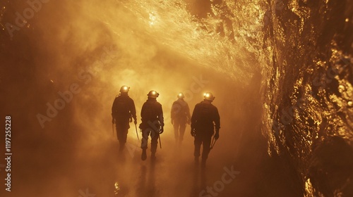 Group of Miners Walking Through an Underground Tunnel Illuminated by Golden Light, Capturing the Essence of Hard Work, Exploration, and Teamwork in Mining Industry Environments photo