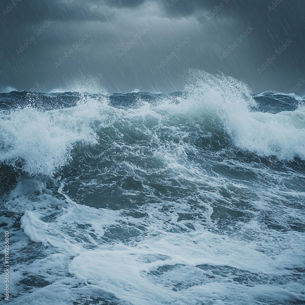 Turbulent ocean waves crash dramatically against each other under stormy skies in a coastal landscape