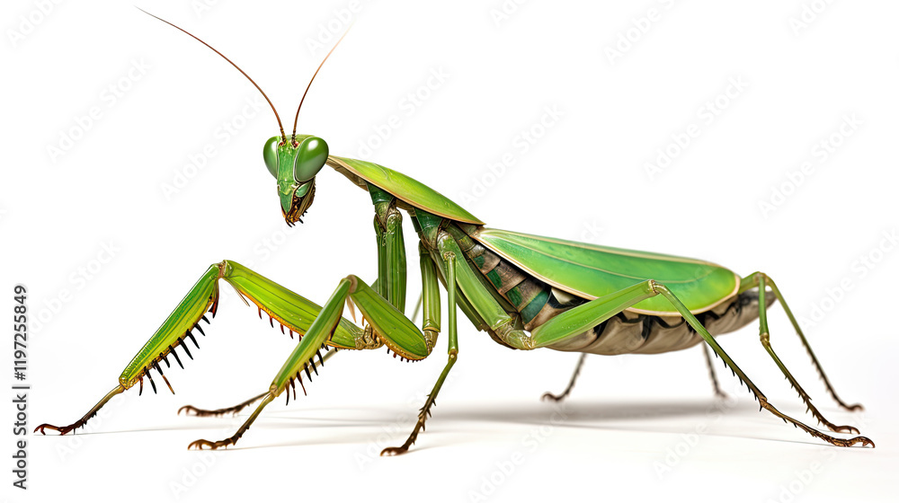 Close-up of a vibrant green praying mantis on a stark white background Close-up of a vibrant green praying mantis on a stark white background