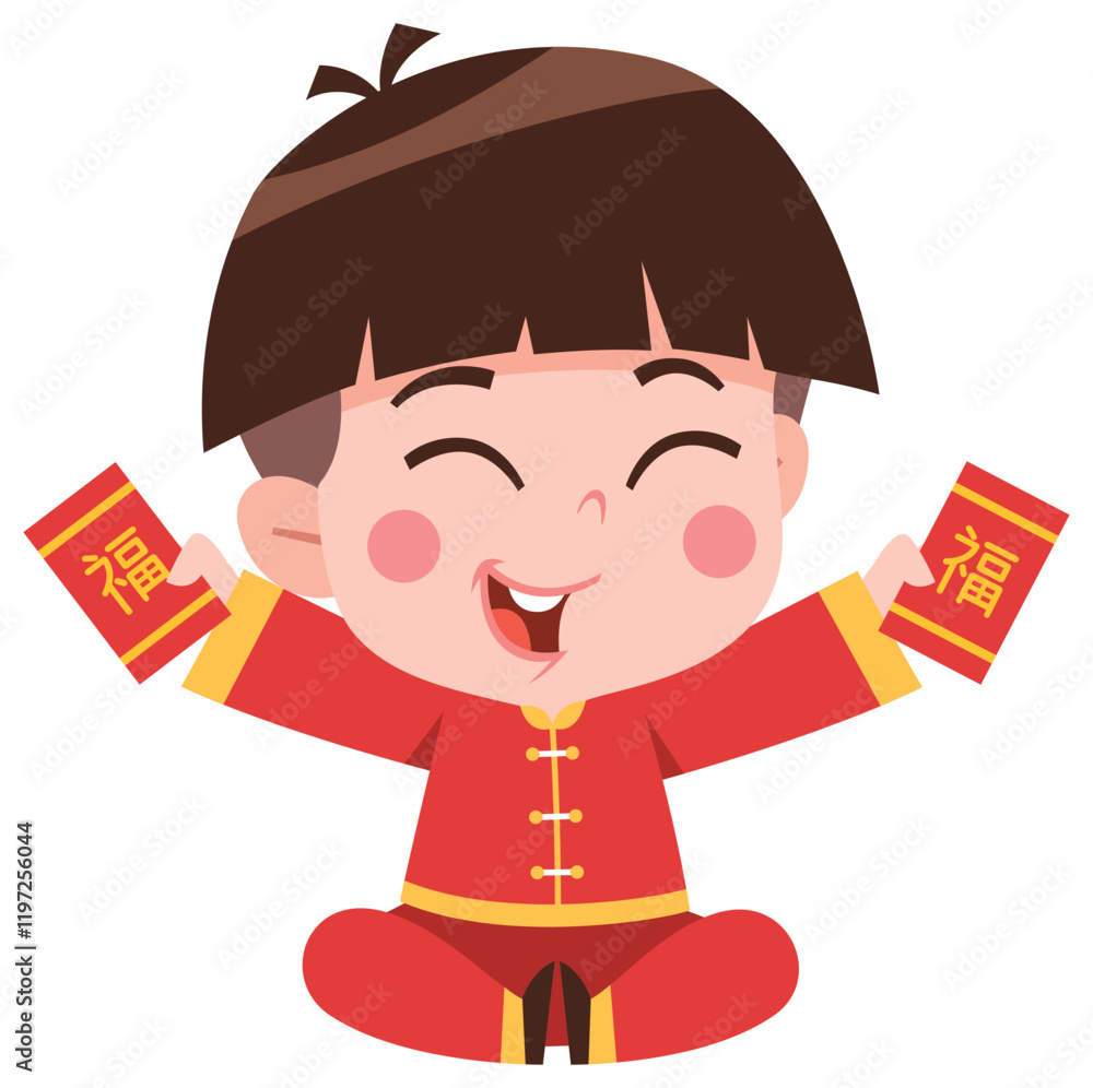 Naklejka premium Cheerful Boy with Red Envelopes for Chinese New Year