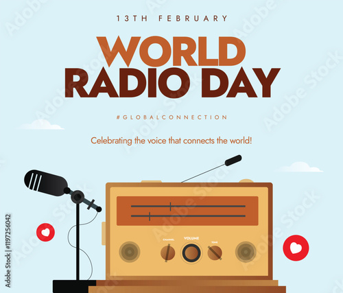 World Radio Day. 13th February radio day shows a set up with the old radio in front of a microphone with red hearts giving a nostalgic vibe. Classic radio show. Vector illustration