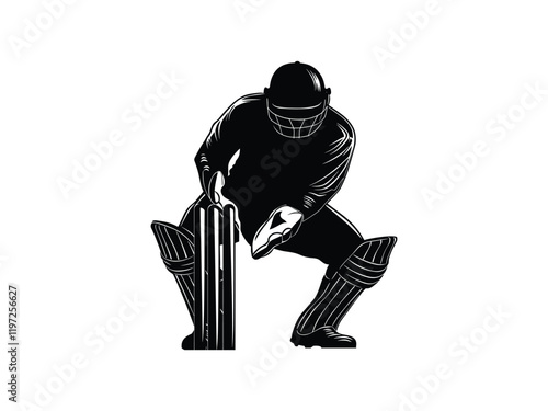 Cricket Wicketkeeper Silhouette: Crouching Behind Stumps for Sports Artwork
