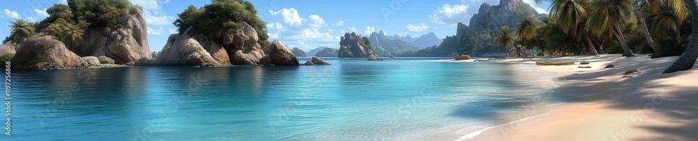 Serene tropical beach with crystal clear water and picturesque rock formations under a sunny sky Serene tropical beach with crystal clear water and picturesque rock formations under a sunny sky