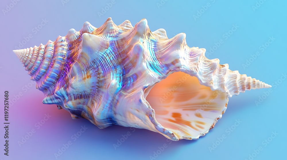 A detailed seashell with iridescent hues on a gradient ocean blue background A detailed seashell with iridescent hues on a gradient ocean blue background