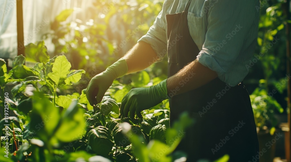 A person tending to green leafy plants wearing a green apron and light blue striped shirt in a sunlit garden A person tending to green leafy plants wearing a green apron and light blue striped shirt in a sunlit garden