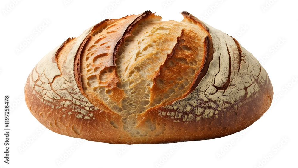 Rustic Artisan Sourdough Bread with Golden Crust and Floured Surface, isolated on transparent background. Rustic Artisan Sourdough Bread with Golden Crust and Floured Surface, isolated on transparent background.