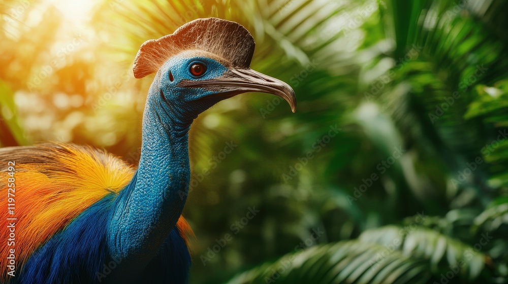 Fototapeta premium Vibrant cassowary displaying colors in tropical forest wildlife interaction animal ecosystem exploration