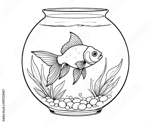 Goldfish swimming in a transparent round glass fishbowl coloring page