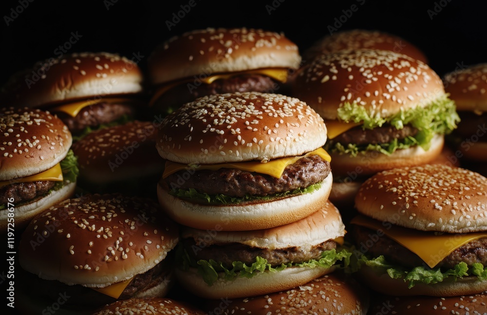 A close-up of delicious, stacked cheeseburgers with sesame seed buns, fresh lettuce, and cheddar cheese, arranged appetizingly in a dark setting. A close-up of delicious, stacked cheeseburgers with sesame seed buns, fresh lettuce, and cheddar cheese, arranged appetizingly in a dark setting.